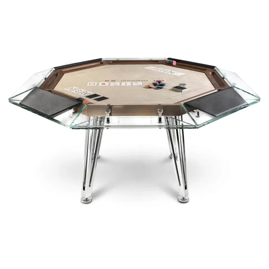 Distinguished Impatia Unootto poker table built in wood and glass with an Alcantara® playing surface and chrome finish