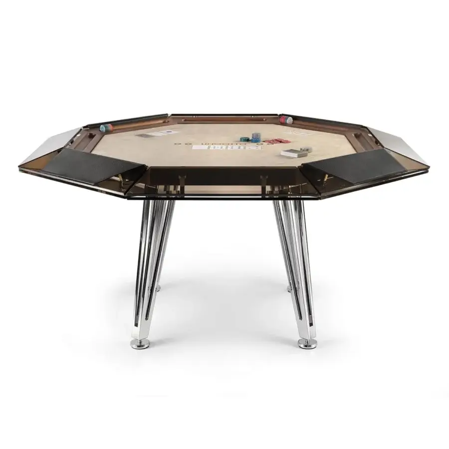 Elegant Impatia Unootto poker table crafted in wood with a luxurious Alcantara® rail and gleaming chrome metal legs