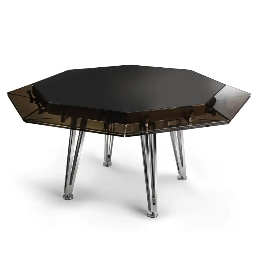 Distinctive Impatia Unootto poker table crafted in wood with a sleek glass tabletop and Alcantara® playing surface with glossy finish