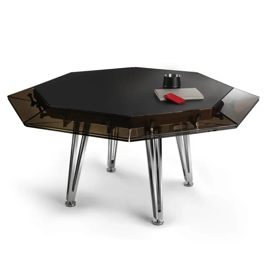 Superior Impatia Unootto poker table built with dark brown wood, glass and Alcantara® upholstery with a glossy finish
