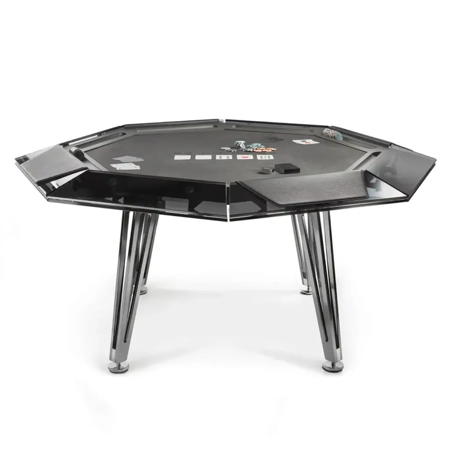 Distinguished Impatia Unootto poker table crafted with dark glossy wood, transparent glass and brilliant chrome metalwork with Alcantara cushions