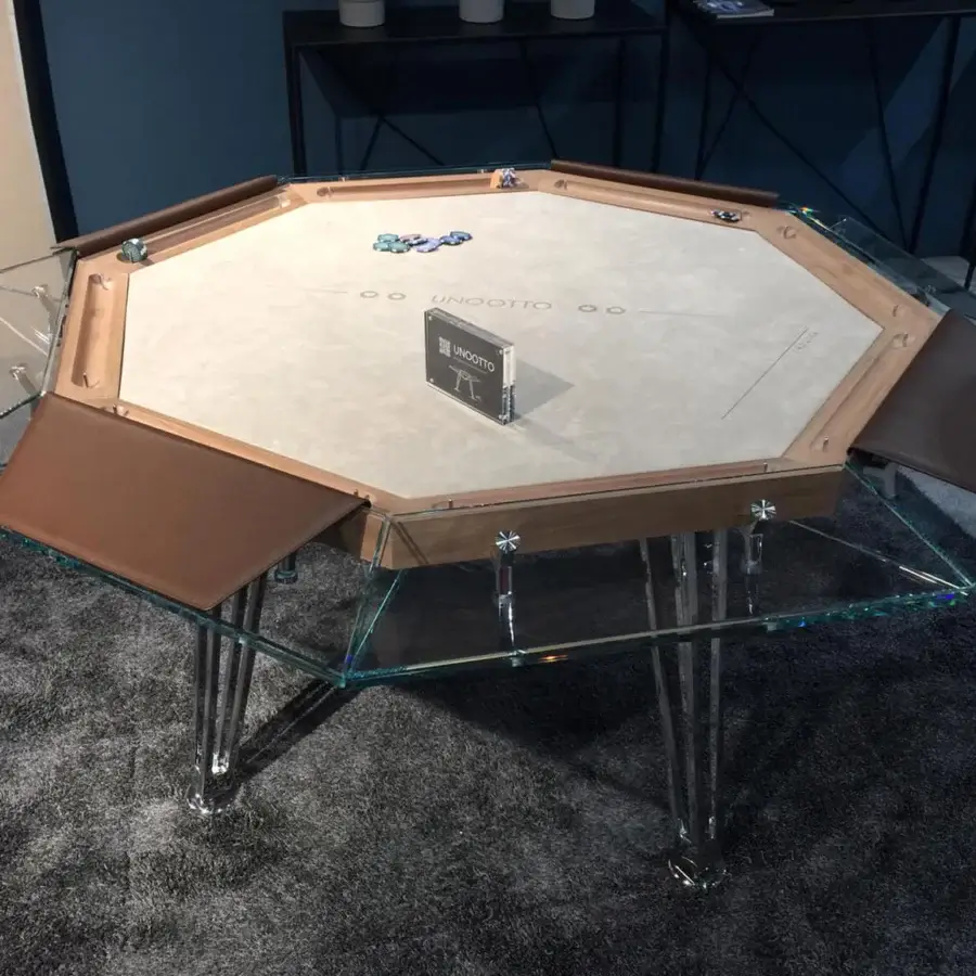 Elegant Impatia Unootto poker table crafted with wood, a satin finish and warm brown corner supports with a glass border