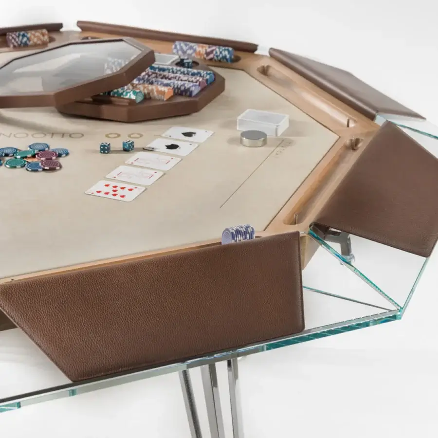 Exceptional Impatia Unootto poker table crafted with wood and Alcantara® armrests, supported by chrome-finished metal legs