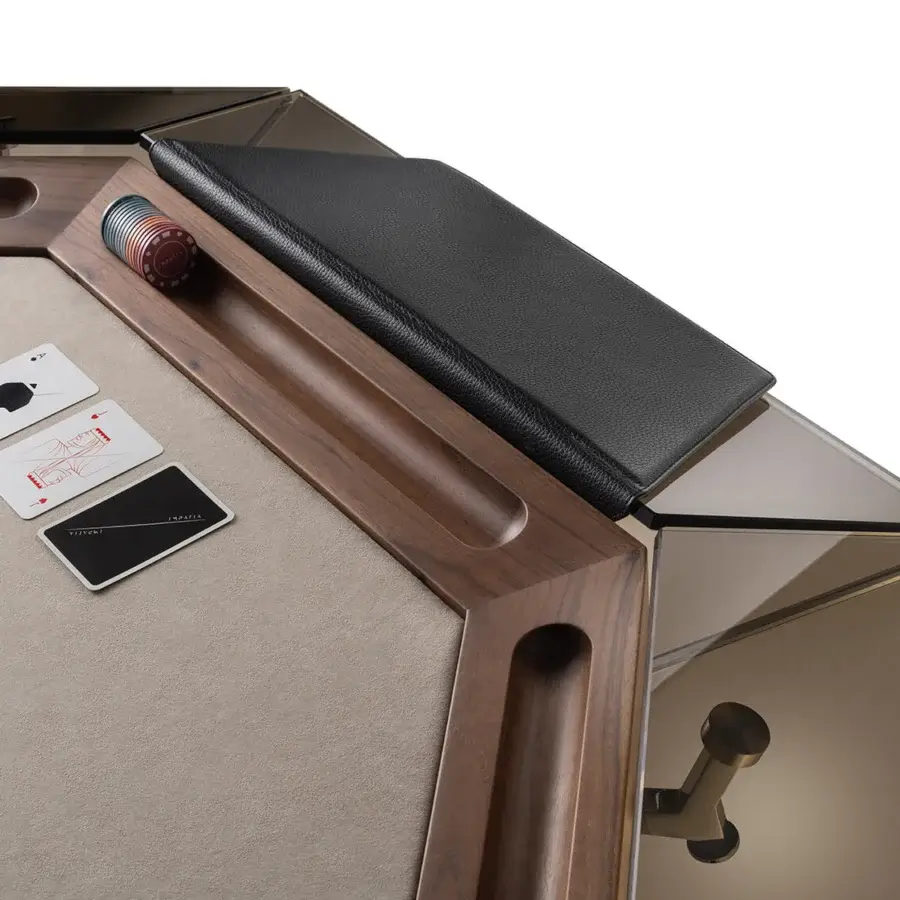 Distinguished Impatia Unootto poker table built with wood and Alcantara®, showcasing a satin finish and chrome metal legs