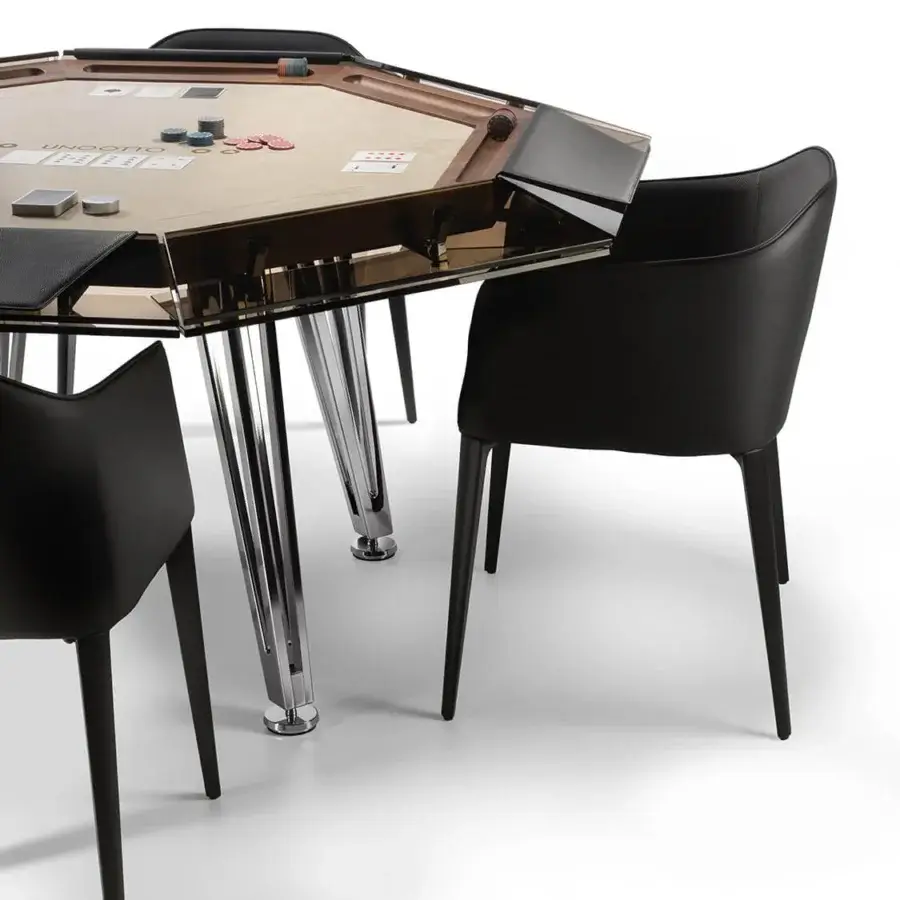 Elegant Impatia Unootto poker table crafted with wood and Alcantara®, exhibiting a glossy brown finish with chrome legs and glass structure
