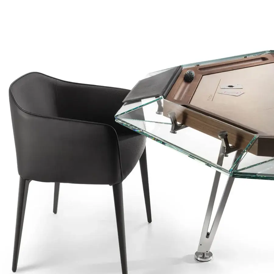 Distinguished Impatia Unootto poker table with a satin wood playing surface and brilliant chrome-finished metal legs