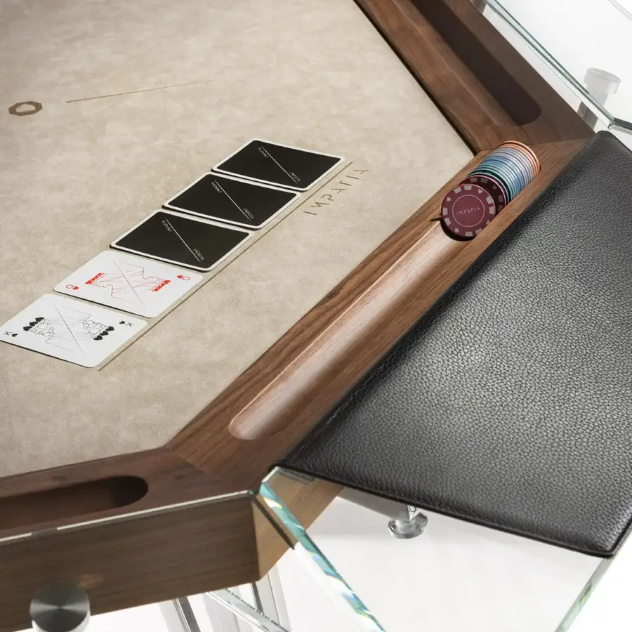 Distinguished Impatia Unootto poker table with wood frame, Alcantara® playing surface, chrome legs and padded black textile armrest