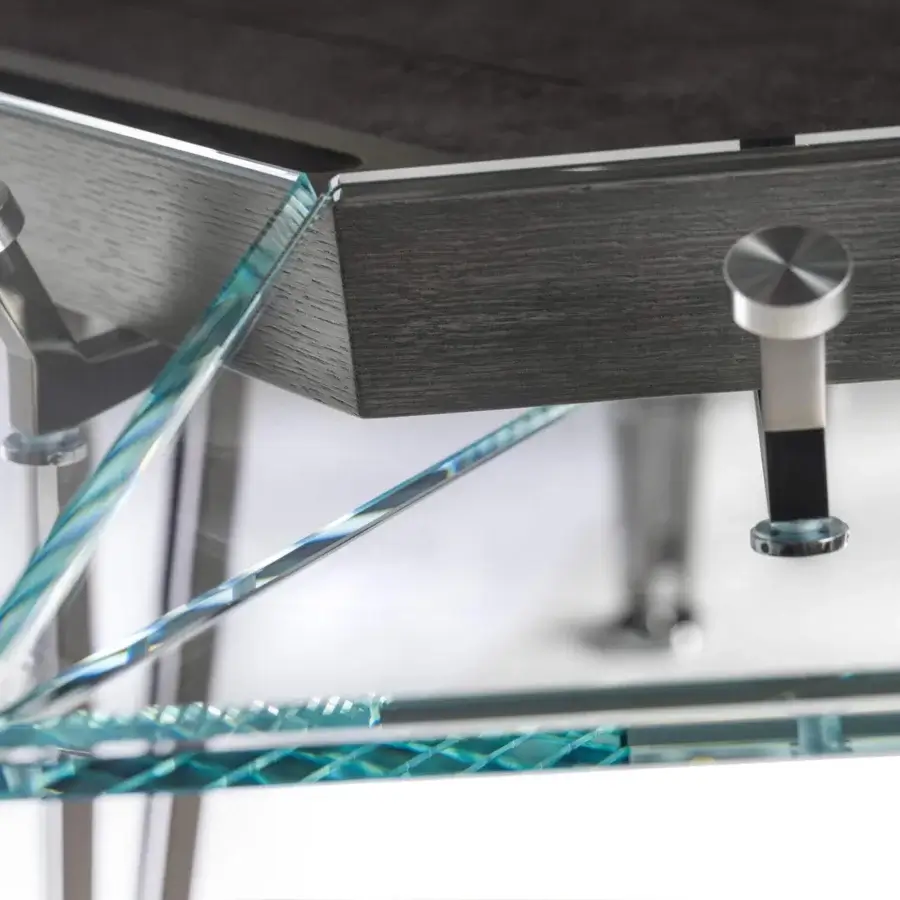 Exclusive Impatia Unootto poker table crafted in dark gray wood with a blue-tinted glass playing surface and polished chrome metal legs
