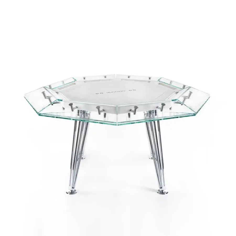 Elegant Impatia Unootto poker table with Italian marble top, low-iron glass frame and chrome finished metal legs