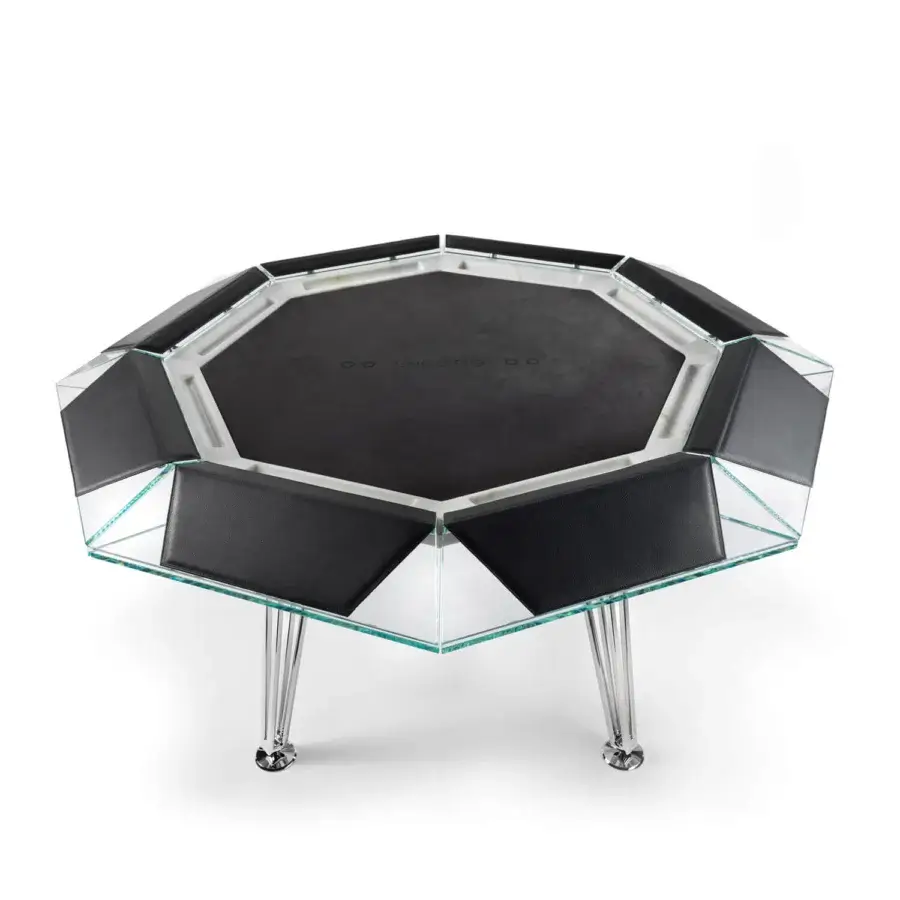 Exclusive Impatia Unootto poker table built with Italian marble, Alcantara and a low-iron glass frame with chrome finish