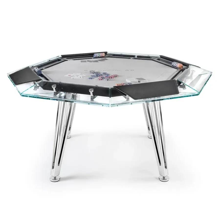 Superior Impatia Unootto poker table crafted with Italian marble, low-iron glass and plush Alcantara playing surface with chrome finish