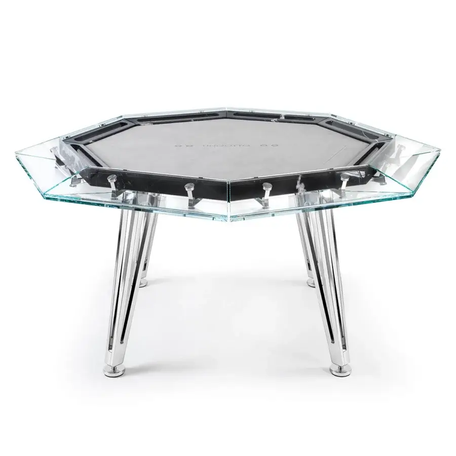 Distinguished Impatia Unootto poker table built with Italian marble, low-iron glass and a glossy finish with black Alcantara surface
