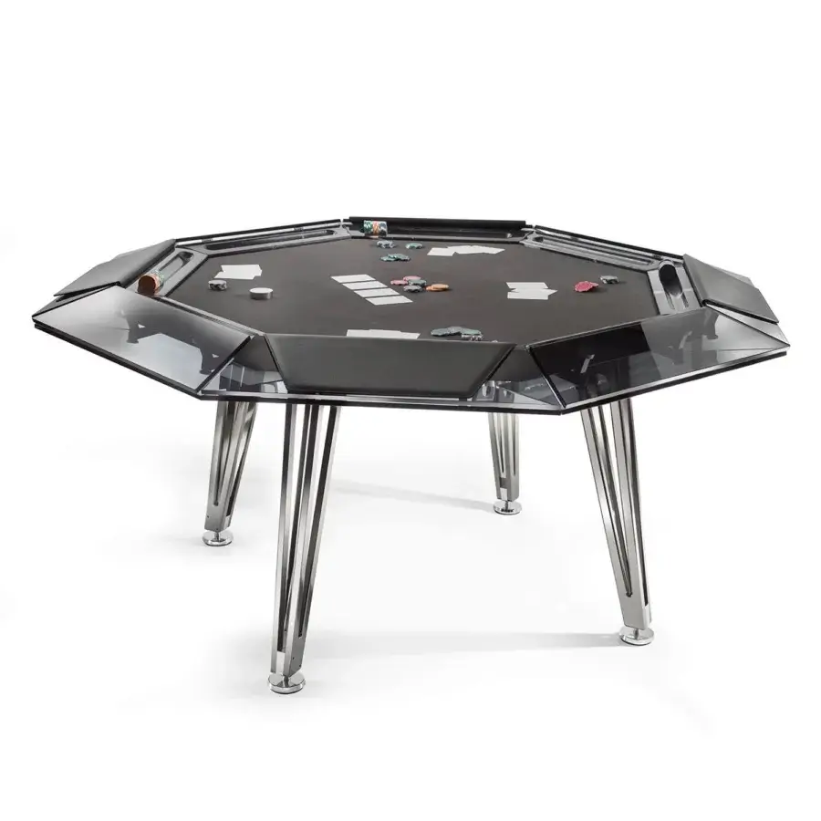 Lavish Impatia Unootto poker table with Italian marble, low-iron glass and plush Alcantara playing surface in contrasting black and silver tones