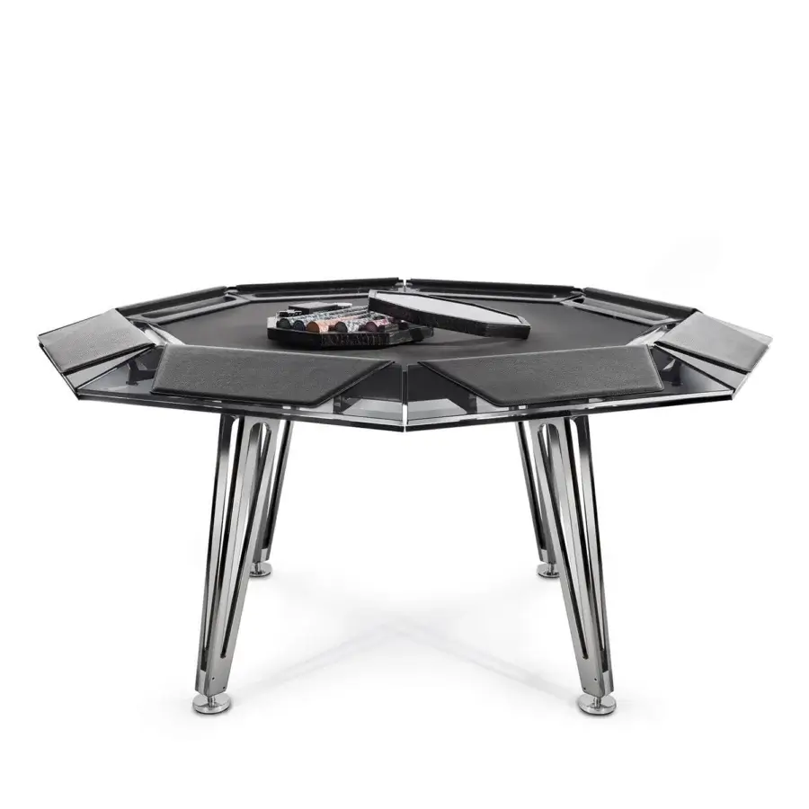Distinguished Impatia Unootto poker table with Italian marble top and smooth Alcantara playing surface in chrome finish