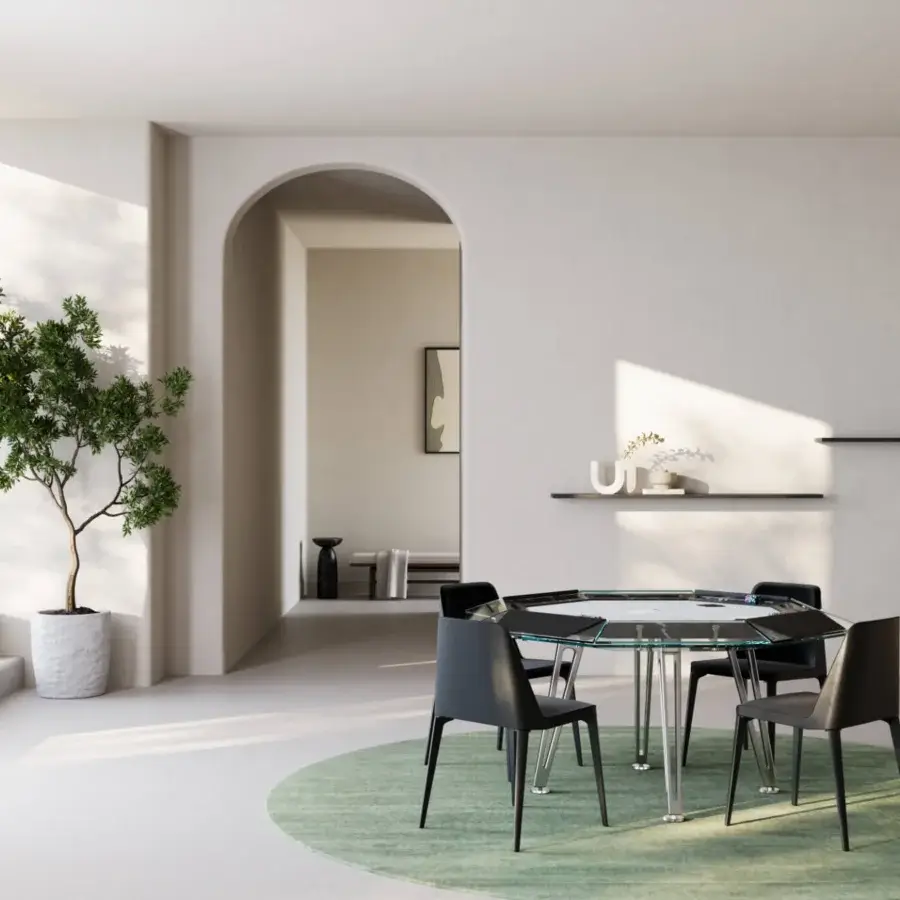 Lavish Impatia Unootto poker table built with Italian marble, low-iron glass, chrome legs and plush Alcantara playing surface