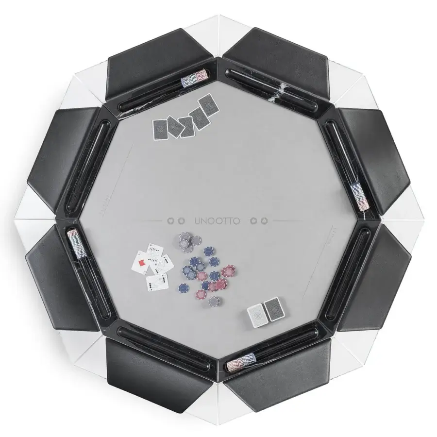 Superior Impatia Unootto poker table built with Italian marble, low-iron glass, and chrome finished metal legs with Alcantara