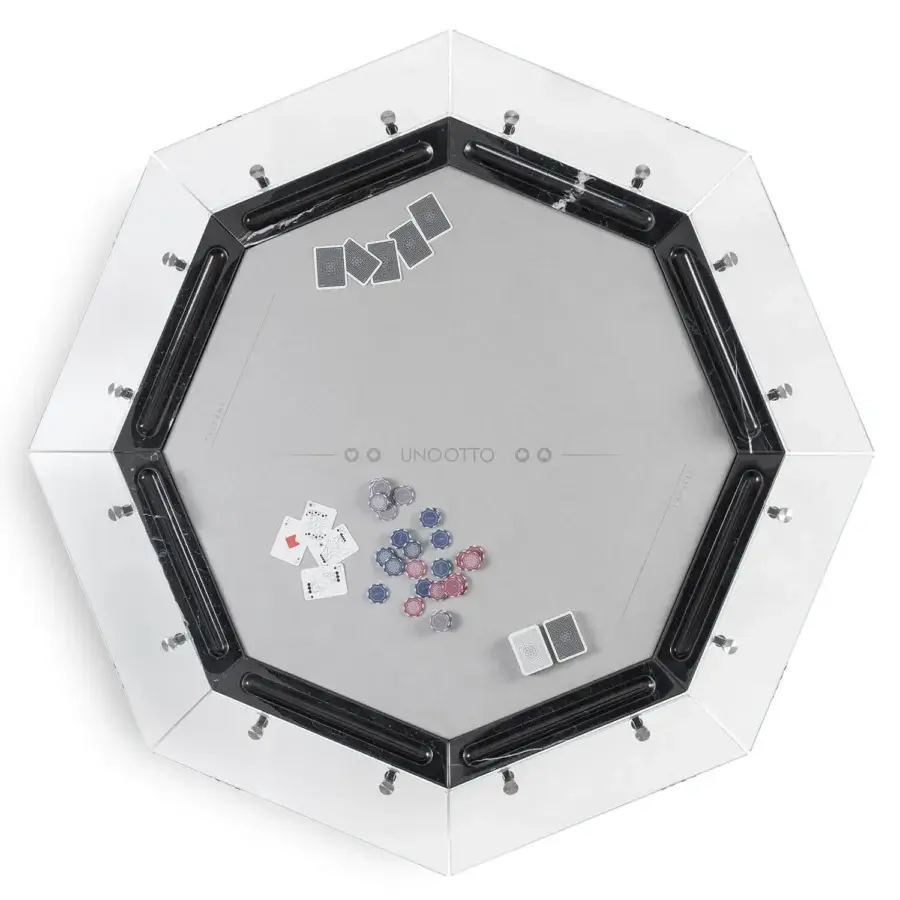 Distinguished Impatia Unootto poker table with Italian marble top and Alcantara playing surface built with chrome finished metal legs and low-iron glass