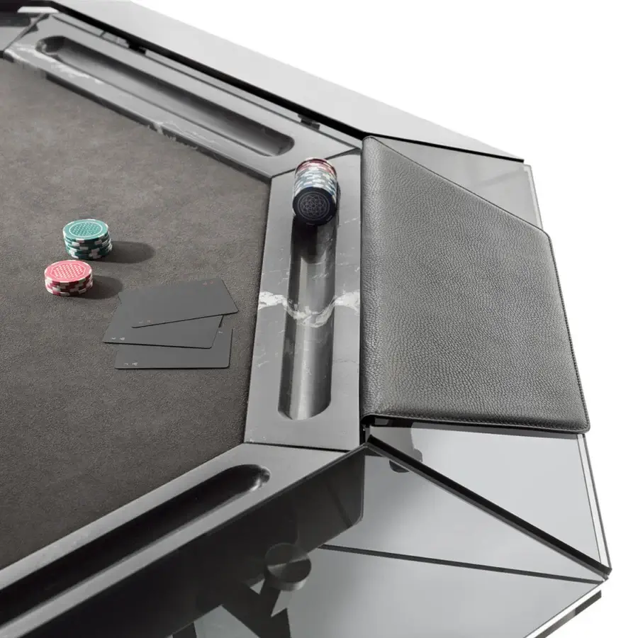 Distinguished Impatia Unootto poker table crafted with Italian marble and plush Alcantara, finished with chrome metal legs