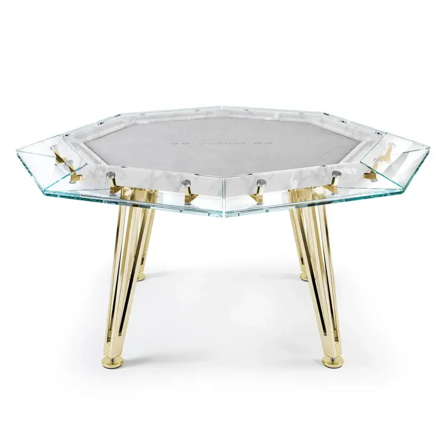 Superior Impatia Unootto poker table crafted with clear glass and lavish Alcantara playing surface with chrome and gold-toned legs