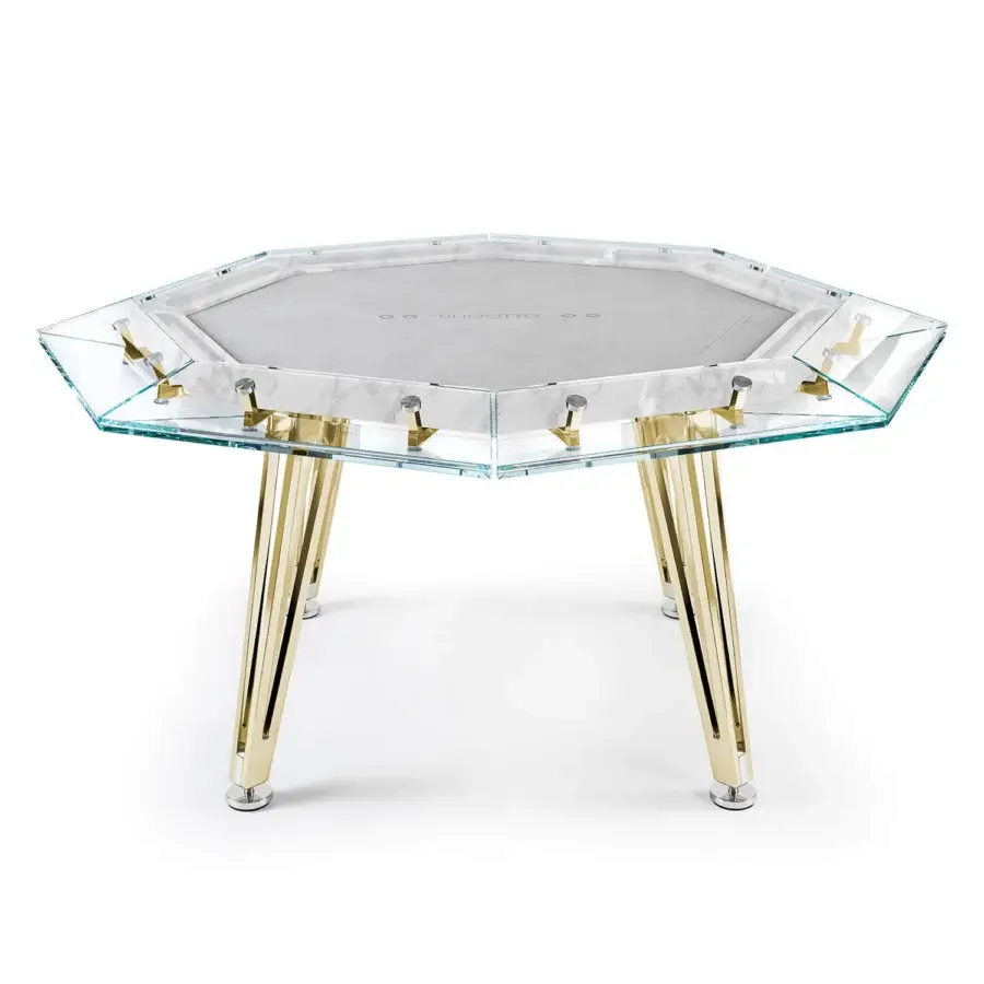 Distinguished Impatia Unootto poker table with transparent glass and plush Alcantara playing surface built with gold-toned metal