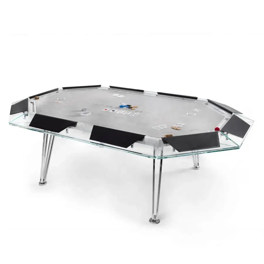 Superior Impatia Unootto poker table with a polished light gray marble tabletop and recessed black felt stations