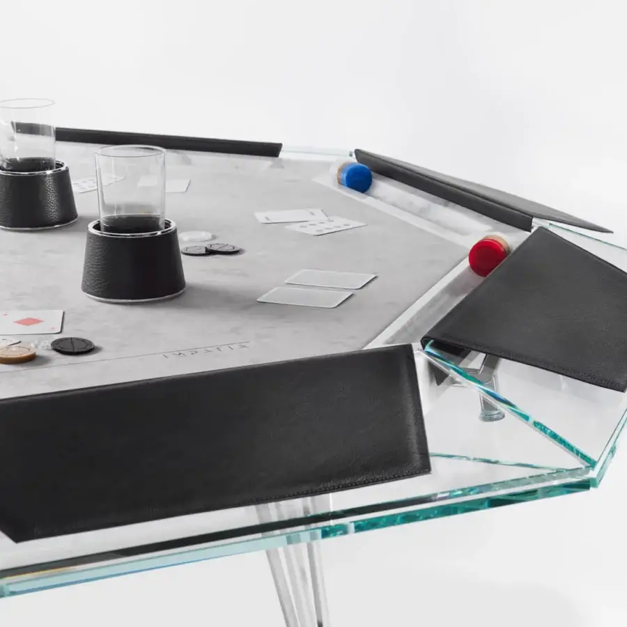 Exceptional Impatia Unootto poker table with gray marble tabletop, walnut wood legs and black padded armrests in matte finish