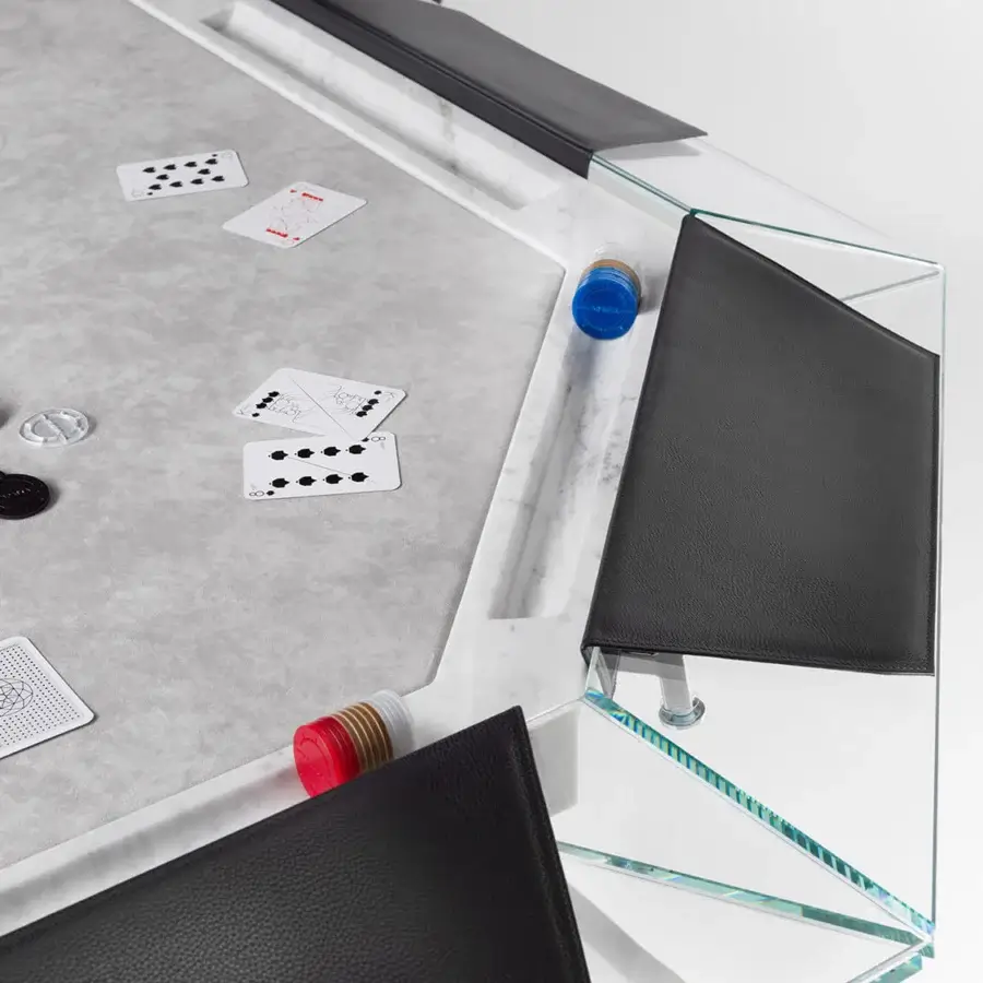 Elegant Impatia Unootto poker table crafted with marble, walnut wood legs and sleek black side panels with vibrant red and blue details