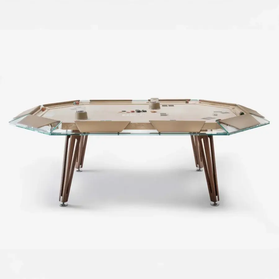 Elegant Impatia Unootto poker table with a light brown wood playing surface, clear glass perimeter and satin-finish dark brown wood legs