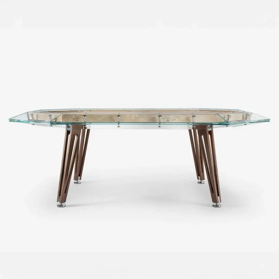 Distinguished Impatia Unootto poker table with a transparent glass tabletop and walnut wood legs featuring silver-toned metal accents