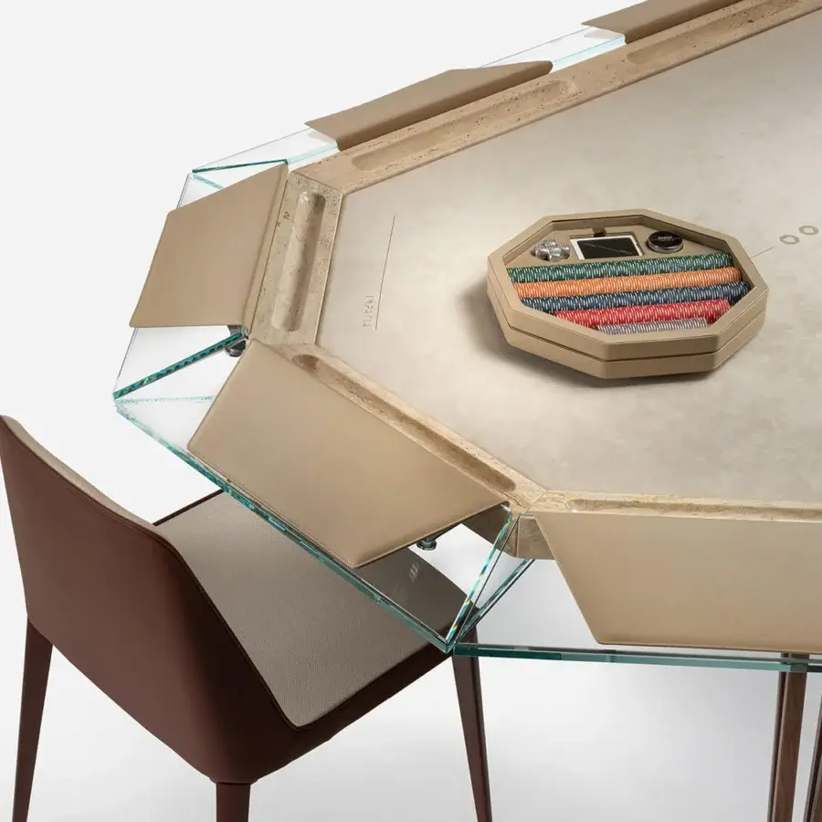 Exceptional Impatia Unootto poker table crafted in walnut wood with transparent glass panels and a matte finish