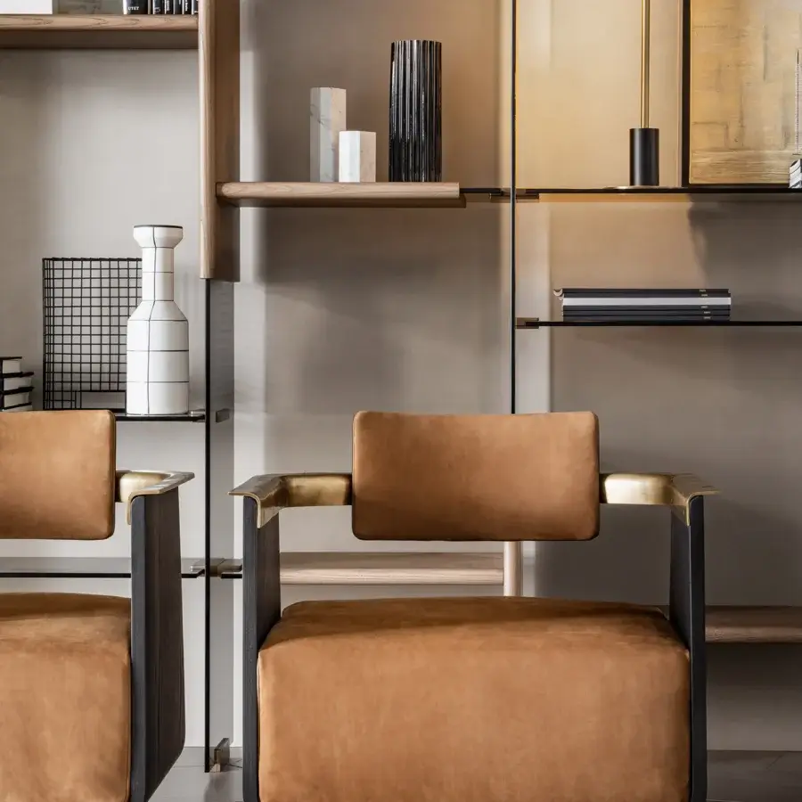 Exceptional Shake Boston lounge chair with curved ash block board wood and burnished brass accented base upholstered in premium leather or fabric