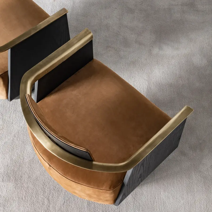 Superior Shake Boston lounge chair with sculpted ash block board wood, golden-brown textile upholstery and burnished brass armrests