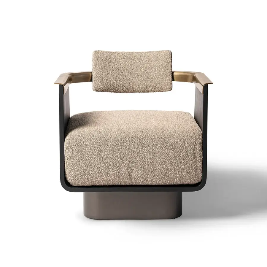 Exceptional Shake Boston lounge chair with curved ash block board wood, textured light tan fabric and burnished brass accent