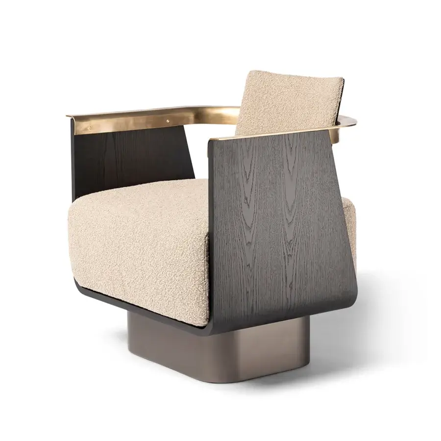 Distinguished Shake Boston lounge chair with curved ash wood, neutral beige textured fabric and burnished brass armrests