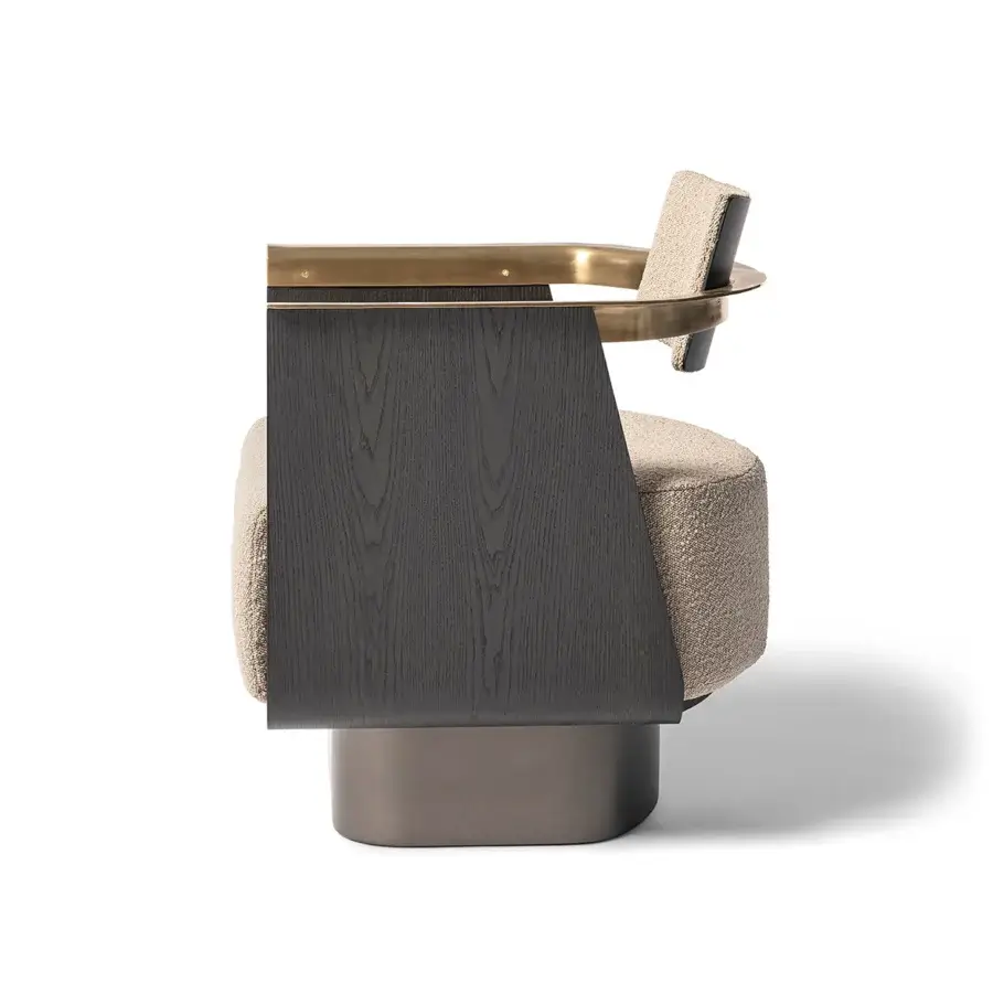 Elegant Shake Boston lounge chair with curved ash wood, burnished brass armrests and textured neutral beige upholstery