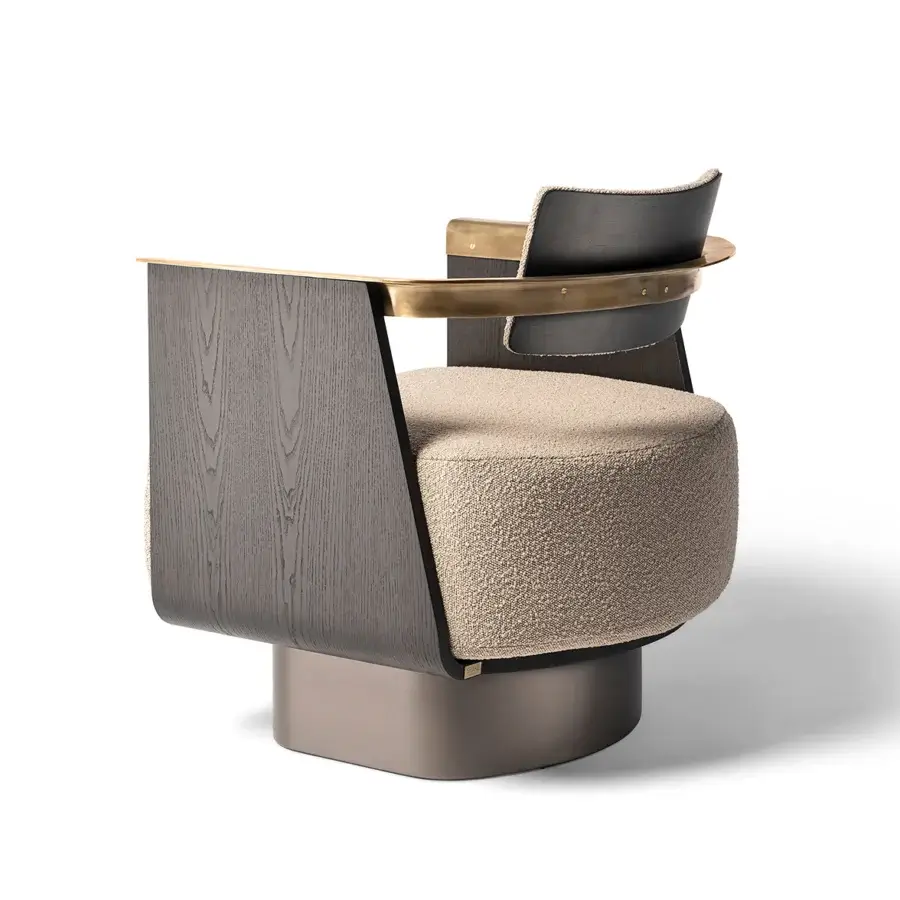 Superior Shake Boston lounge chair with curved ash block wood, burnished brass accents and neutral beige upholstery