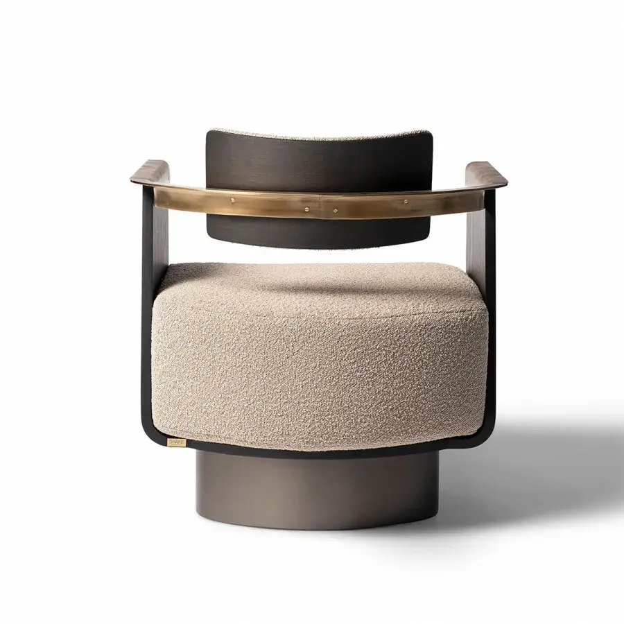 Captivating Shake Boston lounge chair crafted with curved ash block wood, burnished brass accents, and neutral beige upholstery