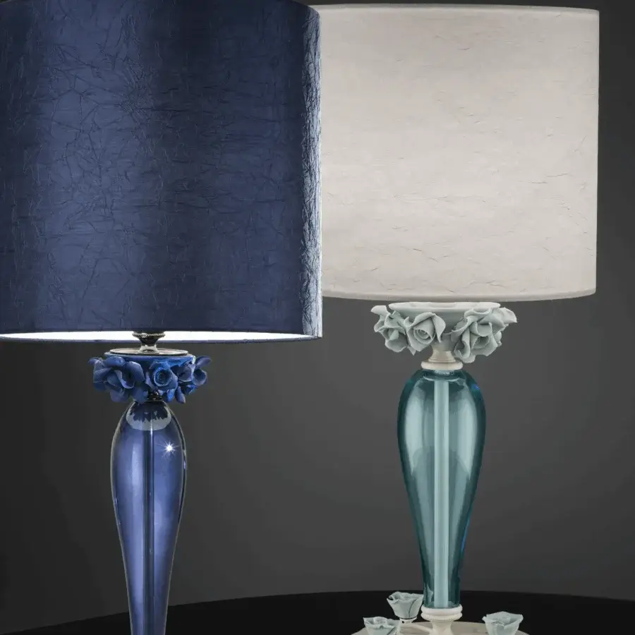 Exceptional Euroluce Bora table lamp with sculpted blue glass and a dark blue textured textile lampshade crafted in Italy