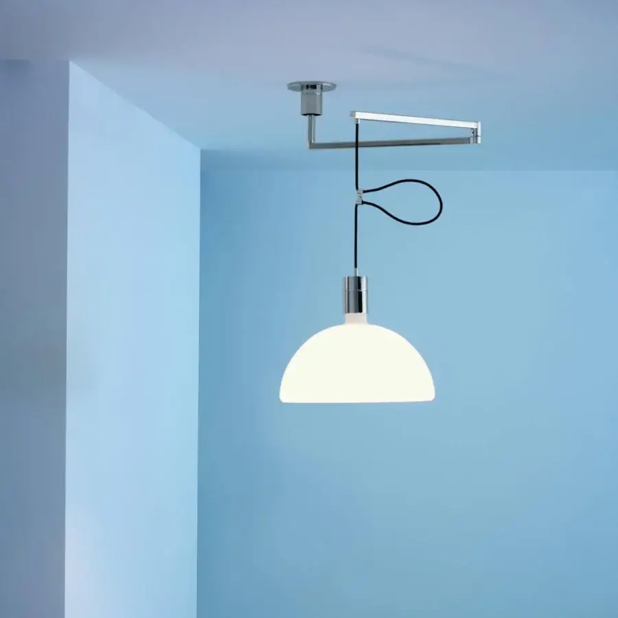 Exceptional Nemo Lighting AS41 suspension lamp with a graceful curved glass diffuser and polished silver-tone metal arm