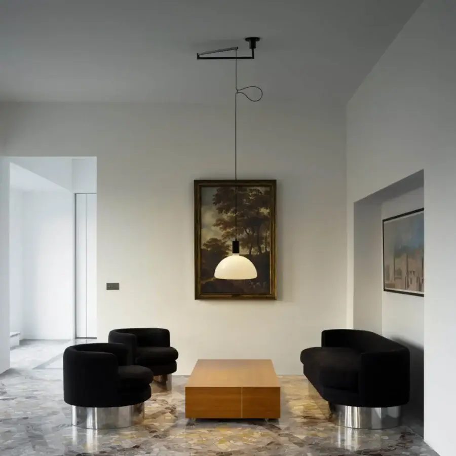 Elegant Nemo Lighting AS41 suspension lamp crafted in Italy with satin black metal and hand-blown glass diffusers for balanced illumination