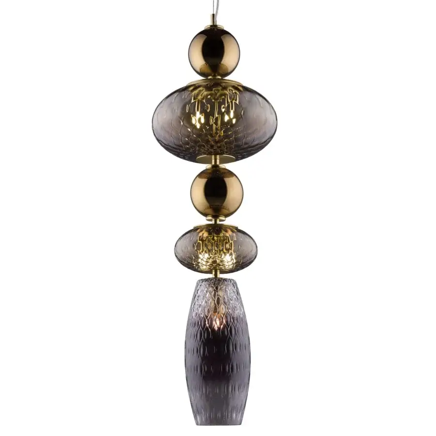 Distinguished Euroluce Harmony suspension lamp showcasing stacked borosilicate and blown glass spheres with mirrored brown and rosaline tones crafted by Tuscan artisans