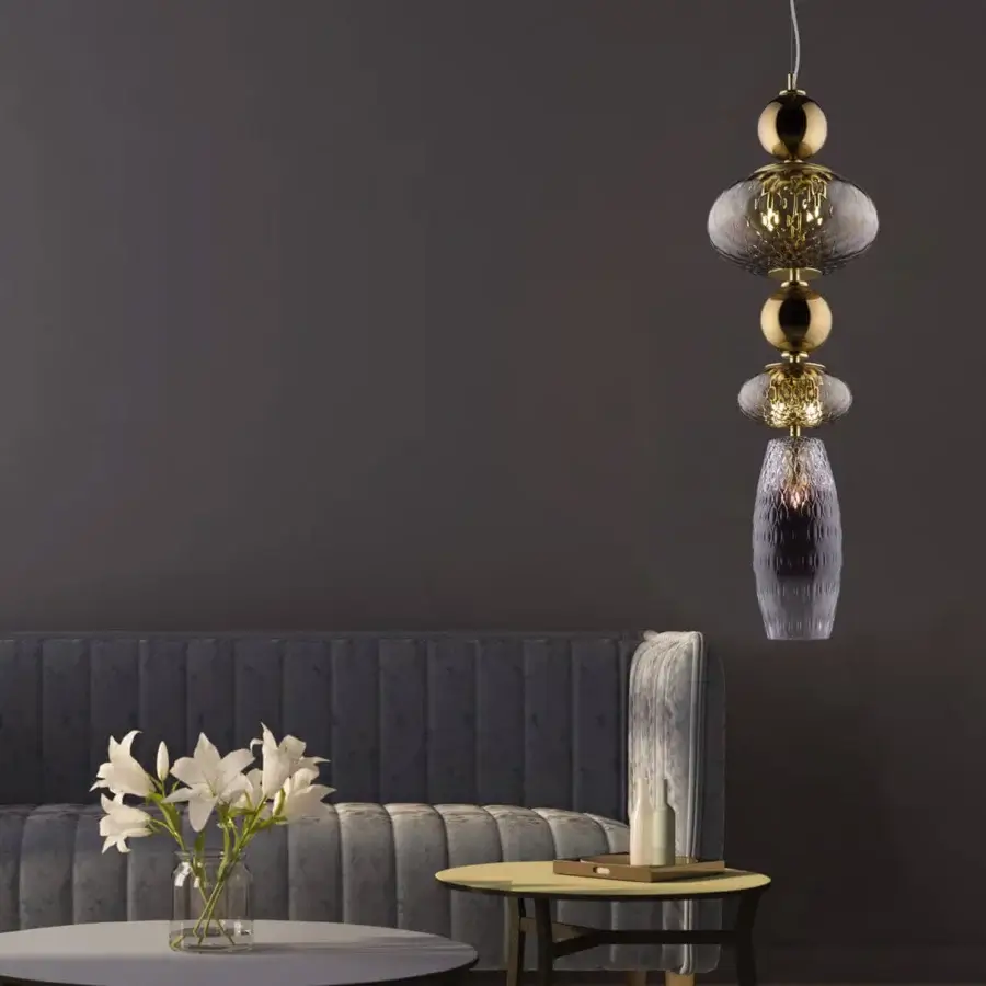 Exceptional Euroluce Harmony suspension lamp crafted in Italy with mirrored brown and soft rosaline borosilicate glass shades and warm gold metal