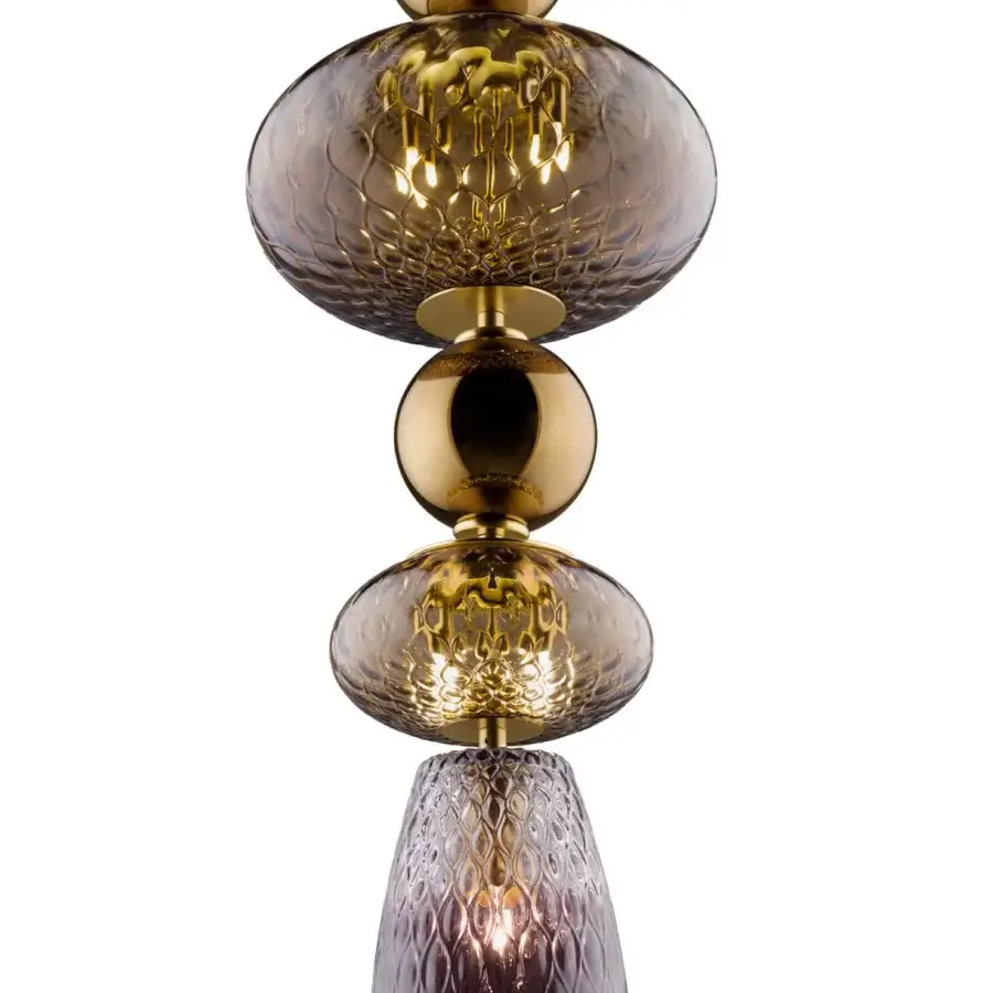 Superior Euroluce Harmony suspension lamp with hand-worked glass spheres in mirrored brown tin and soft rosaline tones crafted by Tuscan artisans