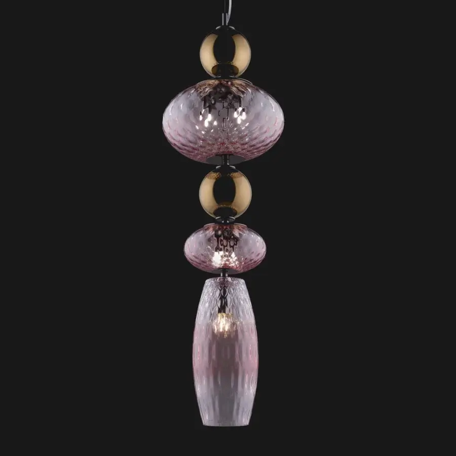 Lavish Euroluce Harmony suspension lamp with borosilicate spheres in mirrored brown and blush pink blown glass, finished in shimmering gold