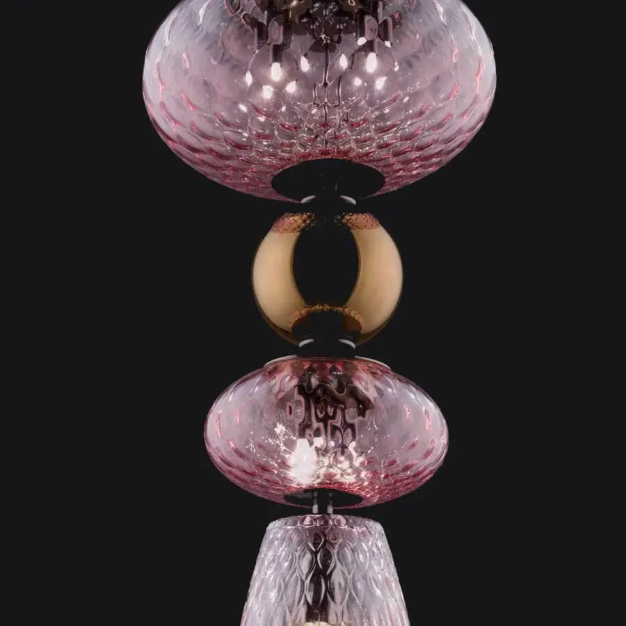 Distinguished Euroluce Harmony suspension lamp with borosilicate spheres in mirrored brown, blown glass, and soft rosaline—crafted with warm gold metal accents