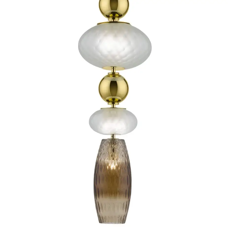 Exceptional Euroluce Harmony suspension lamp crafted with gradient brown and amber blown glass, satin gold metal accents