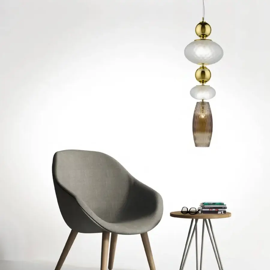 Superior Euroluce Harmony suspension lamp with hand-worked glass spheres in mirrored brown and delicate rosaline blown glass accents