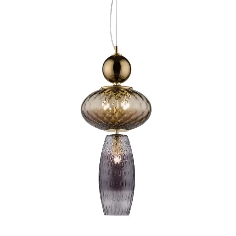 Distinguished Euroluce Harmony suspension lamp crafted in hand-worked borosilicate glass with mirrored brown and soft rosaline blown glass with shiny gold finish