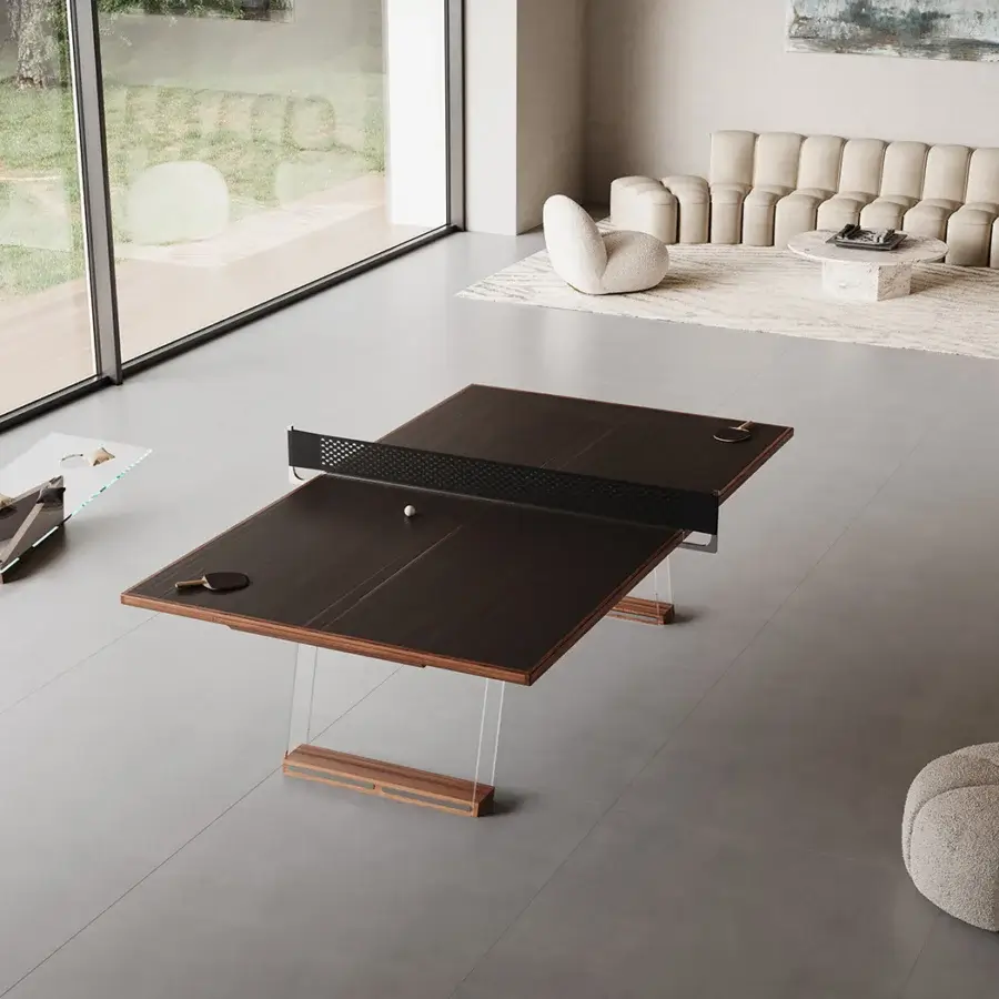 Luxury Impatia Scambio table crafted in walnut and rosewood with a satin dark brown finish and transparent glass legs