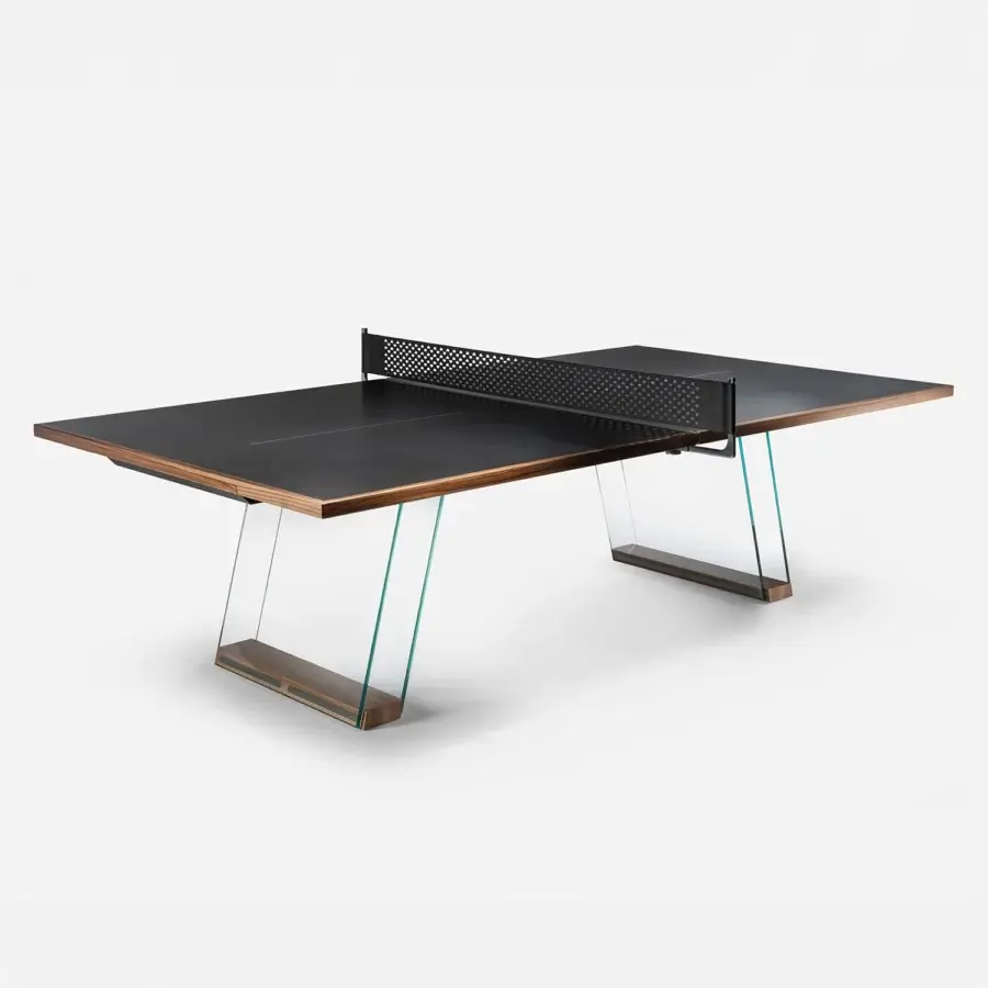 Distinguished Impatia Scambio table crafted in walnut and rosewood with a dark matte finish and transparent glass legs